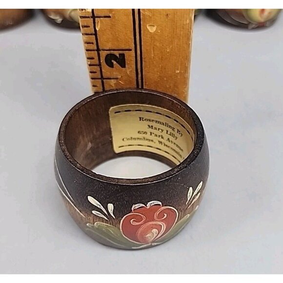 Vintage Hand Painted Floral Wood Napkin Rings Holders Set 6 MCM Mary Lilly Wisc - Picture 6 of 6